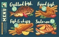 Salmon steak, grilled fried fish steaks with chips, seafood menu. Royalty Free Stock Photo