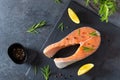 Salmon steak raw fish with ingredients prepared for cooking. Fresh trout steak with lemon, salt, pepper and rosemary on dark stone Royalty Free Stock Photo