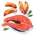 Salmon steak red fish with fresh baked potato wedges with herbs, close-up, isolated, hand drawn watercolor illustration Royalty Free Stock Photo