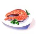 Salmon steak red fish with green basil on white plate, seafood, isolated, hand drawn watercolor illustration on white Royalty Free Stock Photo