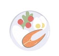 Salmon steak, rice egg with cherry tomato on the plate. Red fish piece meal. Healthy food. Vector flat illustration isolated on Royalty Free Stock Photo