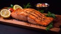 Salmon steak with rosemary, lemon and spices on black background Royalty Free Stock Photo