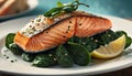 Salmon steak, spinach, lemon. Grilled salmon steak with grill marks, served with fresh spinach and lemon slices, steam Royalty Free Stock Photo