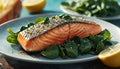 Salmon steak, spinach, lemon. Grilled salmon steak with grill marks, served with fresh spinach and lemon slices, steam Royalty Free Stock Photo