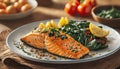 Salmon steak, spinach, lemon. Grilled salmon steak with grill marks, served with fresh spinach and lemon slices, steam Royalty Free Stock Photo