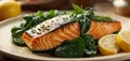 Salmon steak, spinach, lemon. Grilled salmon steak with grill marks, served with fresh spinach and lemon slices, steam Royalty Free Stock Photo