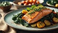 Salmon steak, spinach, lemon. Grilled salmon steak with grill marks, served with fresh spinach and lemon slices, steam Royalty Free Stock Photo