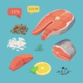 Salmon steak. steak fish. Fresh organic seafood. Vector illustration. Seafood products set with salmon steak.