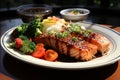 salmon steak and teriyaki sauce,miso soup,vegetable salad