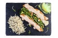 Salmon steak with wild rice and blanched vegetables Royalty Free Stock Photo