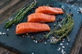 Salmon steakes with thyme, rosemary, pepper and salt grains