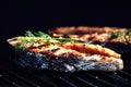 Salmon steaks cooking on barbecue grill. Food background with ba Royalty Free Stock Photo