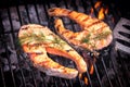 Salmon steaks cooking on barbecue grill for summer outdoor party Royalty Free Stock Photo