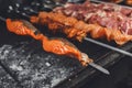 Salmon steaks kebab. Fresh fish on grill, bbq Royalty Free Stock Photo