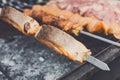 Salmon steaks kebab. Fresh fish on grill, bbq Royalty Free Stock Photo