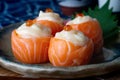 Salmon sushi ball roll. Royalty Free Stock Photo