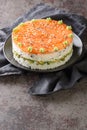 Salmon sushi cake with rice, avocado, cream cheese, seaweed, sesame seeds decorated with wasabi close-up in a plate. Vertical Royalty Free Stock Photo