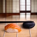 Salmon sushi and chopsticks, japanese interior