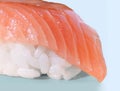 Salmon sushi closeup on light blue background Royalty Free Stock Photo