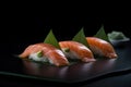 Salmon Sushi on Dark Background, Salmon Susi Lunch, Nori Maki, Nigiri Sushi Roll, Japanese Seafood Royalty Free Stock Photo