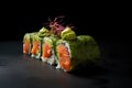 Salmon Sushi on Dark Background, Salmon Susi Lunch, Nori Maki, Nigiri Sushi Roll, Japanese Seafood Royalty Free Stock Photo