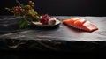 Salmon sushi ingredients with aromatic spices on black stone countertop, dark background, banner Royalty Free Stock Photo