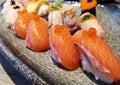 Salmon sushi Japanese food served with crab stick Kanikama on Royalty Free Stock Photo
