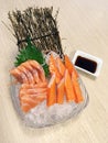 Salmon sushi Japanese food served with crab stick Kanikama on Royalty Free Stock Photo