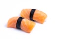 Salmon sushi nigiri isolated on white background. Japanese cuisine Royalty Free Stock Photo