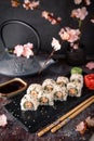 Salmon Sushi Roll In Tuna Flakes Sushi menu. Royalty Free Stock Photo