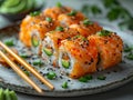 Salmon sushi rolls on a plate with chopsticks Royalty Free Stock Photo