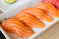 Salmon sushi or salmon nigiri in Japanese style fresh Royalty Free Stock Photo