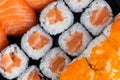 Salmon sushi and sashimi nigiri and maki roll closeup. Delicious japanese food with fresh fish, restaurant delivery set. Royalty Free Stock Photo