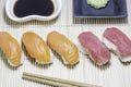Salmon sushi and tuna sushi with wasabi and sauce. Royalty Free Stock Photo