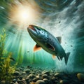 Salmon swim upstream in crystal clear water