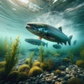 Salmon swim upstream in crystal clear water