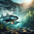 Salmon swim upstream in crystal clear water