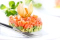 Salmon tartar over white background. Gourmet Food. Starter