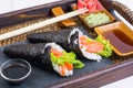 Salmon temaki sushi cone on the tray Royalty Free Stock Photo