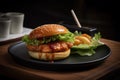 Salmon teriyaki burger, with a grilled salmon fillet, teriyaki sauce, lettuce, cucumber, and wasabi mayo on a brioche Royalty Free Stock Photo