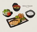 Salmon teriyaki, japanese food. Hand draw sketch vector