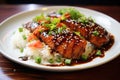 Salmon teriyaki in teriyaki sauce served with rice, Salmon soy sauce meal, AI Generated