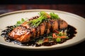 Salmon teriyaki with sesame seeds on a black background, Salmon soy sauce meal, AI Generated