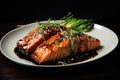 Salmon teriyaki with soy sauce on a black background, Salmon soy sauce meal, AI Generated