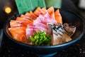 Salmon,tuna,saba sashimi, raw fish in traditional Japanese style in Japanese restaurant Royalty Free Stock Photo