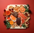 Salmon and tuna steak, vegetables, oranges and lemons. Healthy weight loss concept, paper art