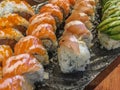Salmon and tuna sushi rolls Royalty Free Stock Photo