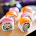 Salmon and tuna sushi on a wooden tray Royalty Free Stock Photo