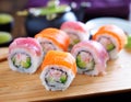 Salmon and tuna sushi on a wooden tray Royalty Free Stock Photo