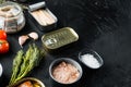 Salmon, tuna, trout mackerel and anchovy - Canned fish in tin cans, on black background with herbs and ingredients, with copyspace Royalty Free Stock Photo